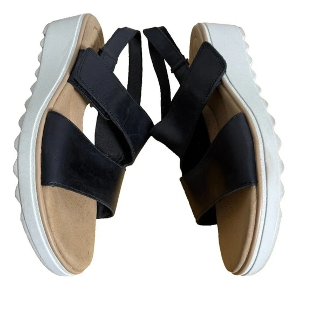 Clarks‎ Wedge Sandals Womens 10M Pre-Owned Slingback Black Leather Ergonomic